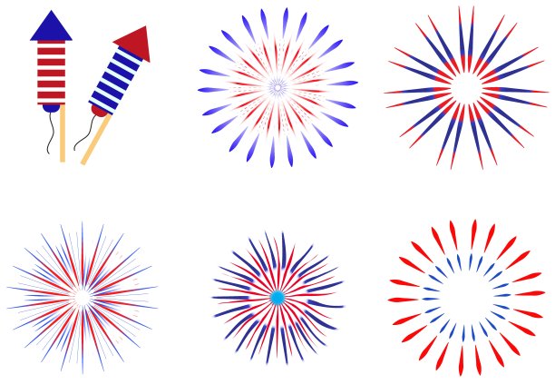 烟花、礼炮以美国传统色彩为您设计的一套元素。美国独立日，7月4日，概念。矢量插图。图片下载