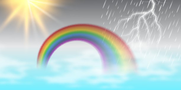 矢量卡通插图的一个美丽的夏季景观与太阳，彩虹，雨，雷。图片下载