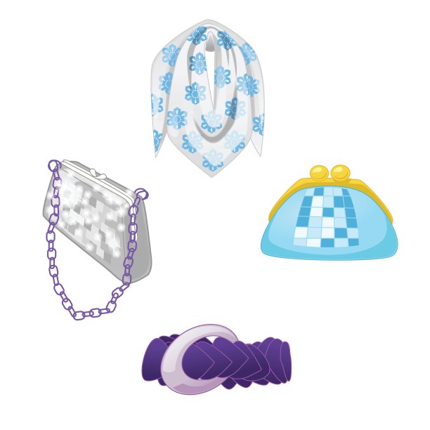 女人配件集。收集多彩的女性配饰包、围巾、皮带。矢量插图。图片下载