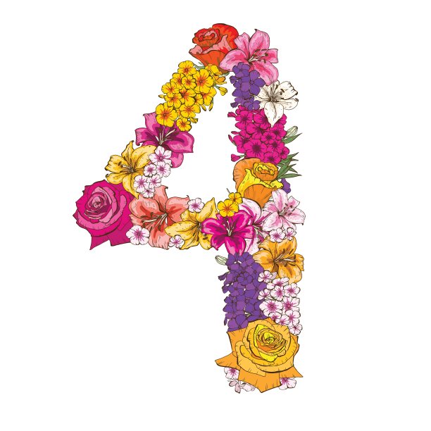 四趾由不同的花组成。花元素由花朵组成的彩色字母。矢量图图片下载