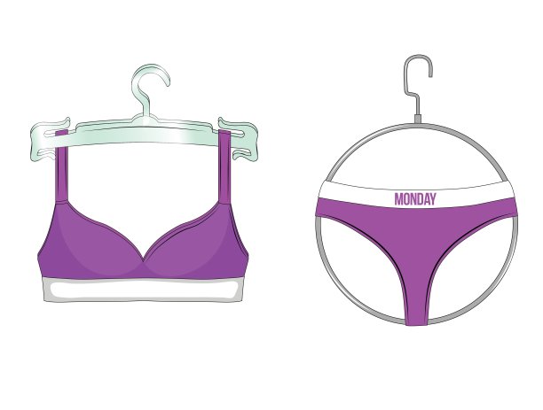 维奥莱特胸罩和内裤挂在衣架上。女性性感内衣孤立在白色背景上。矢量插图。图片下载