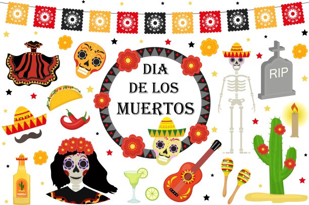 死亡日墨西哥假日图标的风格。收藏的亡灵节物品，设计元素有糖骷髅、骷髅、坟墓。孤立在白色背景上。矢量图图片下载