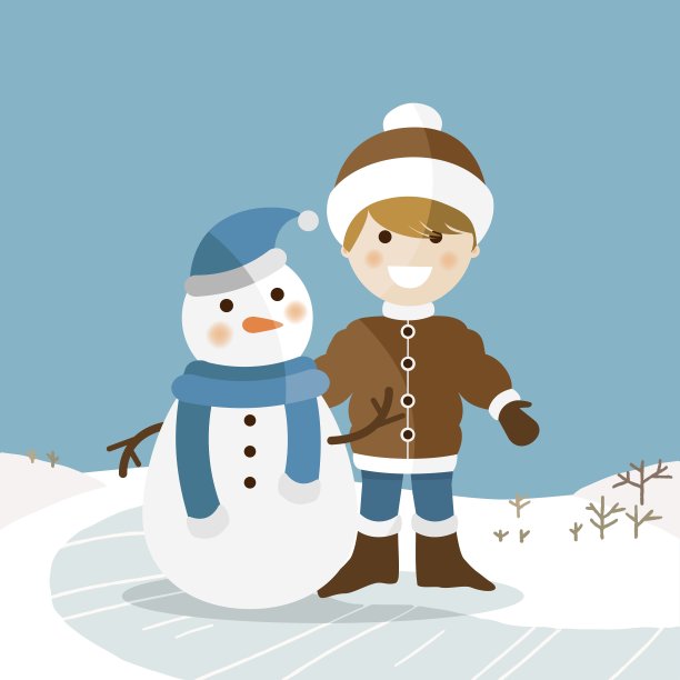 快乐的男孩和他的雪人在一个阳光明媚的冬日图片下载