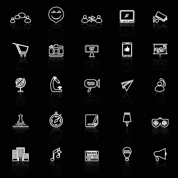 媒体营销线图标与反映在黑色的背景图片下载