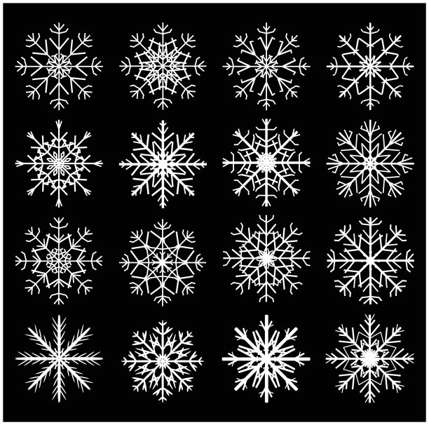 雪花剪影图标，象征，设计集。冬季，圣诞节矢量插图孤立在黑色的背景。图片下载
