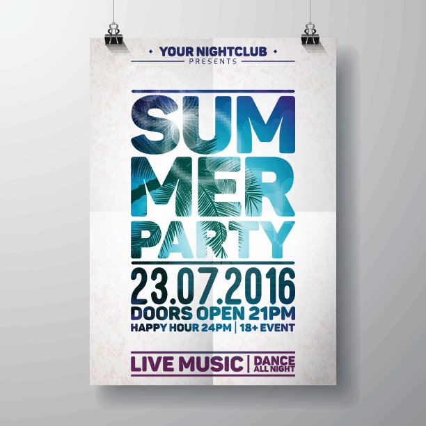 矢量夏季海滩派对传单设计与排版元素在海洋景观背景。图片下载