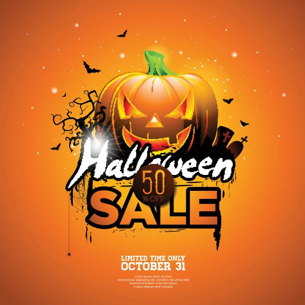 万圣节销售矢量插图与南瓜，墓地和蝙蝠在橙色的天空背景。设计提供，优惠券，横幅，代金券或促销海报图片下载