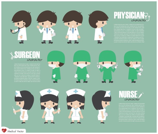 医生，外科医生和护士卡通人物。向量图片下载