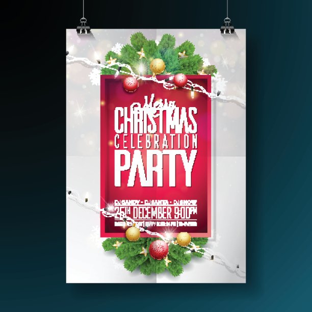 矢量快乐圣诞派对设计与节日排版元素和装饰球，松枝，照明女孩在红色的背景。庆祝活动传单插图。每股收益10。图片下载