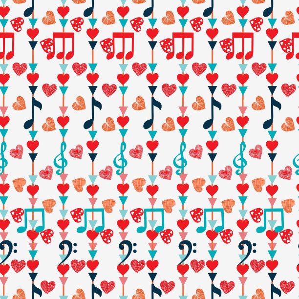 可爱的无缝图案与音乐的音符和心图片下载