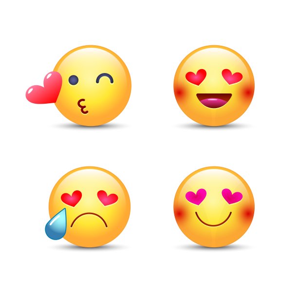 爱的表情向量集。可爱的卡通表情脸在爱，亲吻，哭和笑。快乐有趣的微笑聊天，应用程序。图片下载