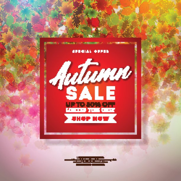 秋季销售设计与色彩缤纷的落叶和字母在红色的背景。秋向量插图与特别优惠印刷元素优惠券，代金券，横幅，传单，促销海报或贺卡。图片下载