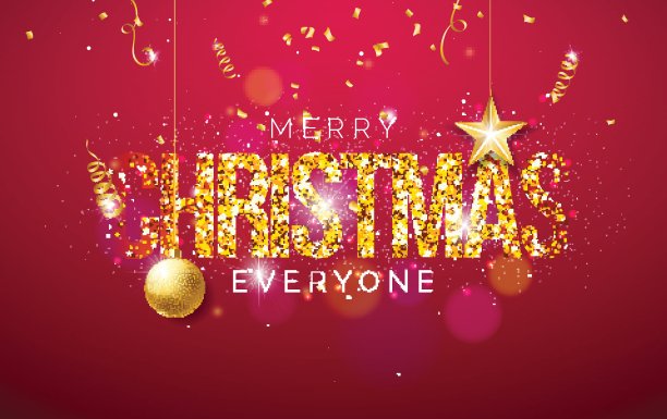 圣诞快乐插图闪亮明亮的背景排版和节日元素。采购产品剪纸星星，五彩纸屑，蛇纹和装饰球。矢量创意设计贺卡或海报。图片下载