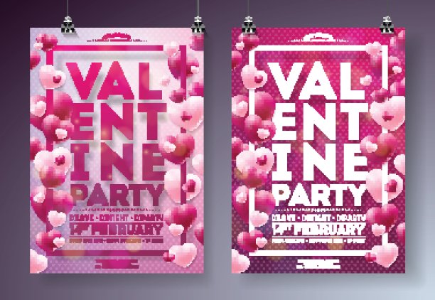 情人节派对传单插图与红心和印刷设计在干净的背景。矢量假日庆祝海报模板的邀请或贺卡。图片下载