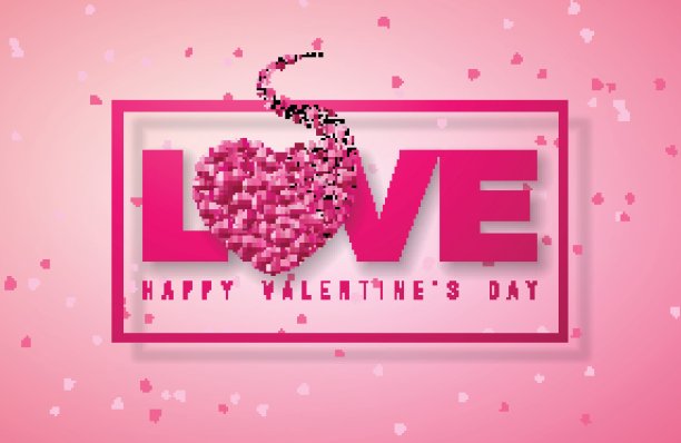 情人节设计与红心气球和爱的字体字母在闪亮的粉红色背景。矢量婚礼和浪漫的主题插图贺卡，派对邀请或促销横幅。图片下载