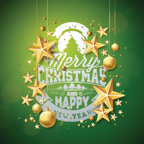 矢量圣诞快乐插图与金色玻璃球，剪纸星星和印刷元素在绿色背景。节日设计的优质贺卡，派对邀请或促销横幅。图片下载