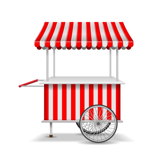 有轮子的真实街头食品车。流动红色市场摊位模板。农贸市场手推车，摊位商店模型。矢量图图片下载