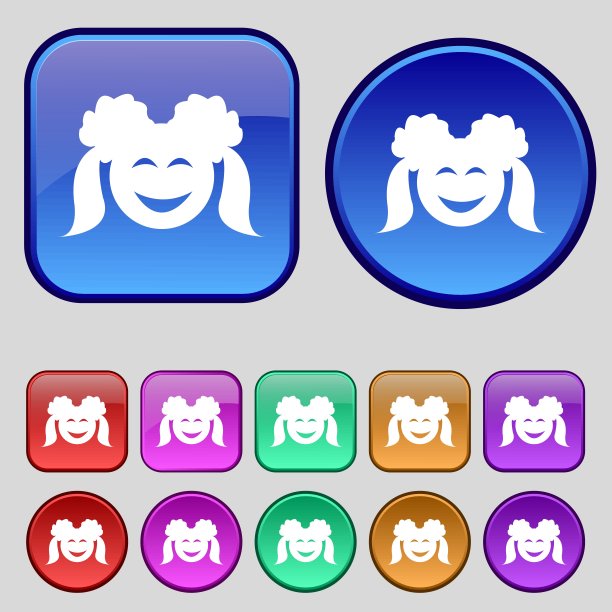 微笑的女孩图标标志。你设计的一套12个老式纽扣。向量图片下载