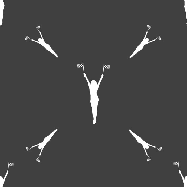 赛车引针女孩与旗帜图标标志。灰色背景上的无缝模式。向量图片下载