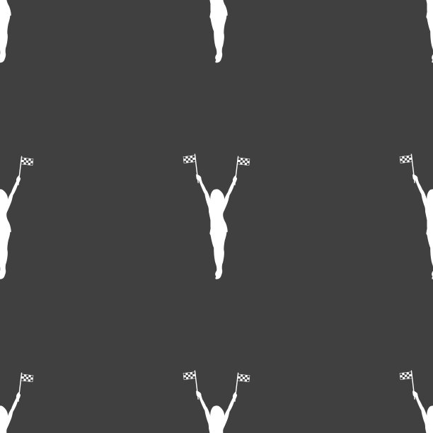 赛车引针女孩与旗帜图标标志。灰色背景上的无缝模式。向量图片下载