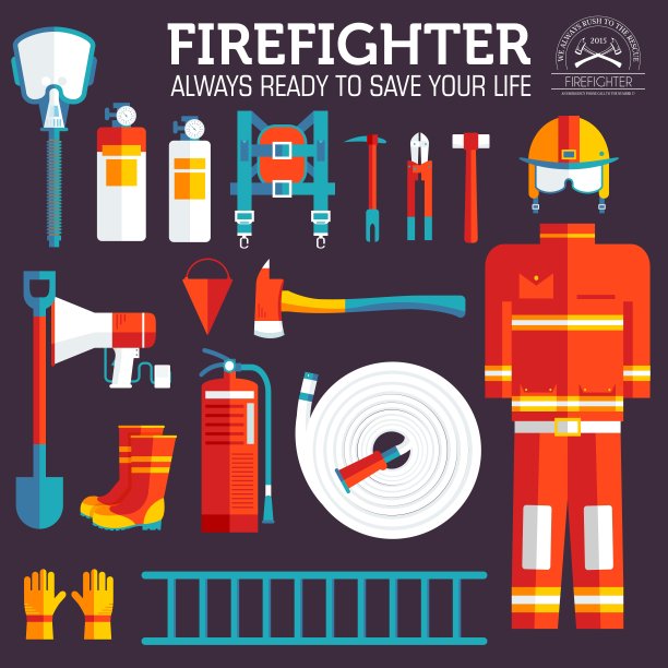 消防制服和急救设备和仪器。关于平面风格的背景概念。矢量插图彩色模板为您设计，web和移动应用程序图片下载