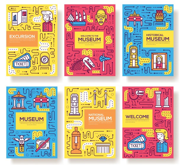 细线不同的雕塑画册卡套。博物馆模板中的物品有飞年、杂志、海报、书刊封面、横幅等。大纲邀请的概念。图片下载