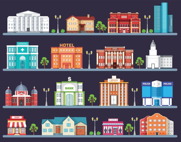 平面彩色向量城市建筑设置。图标背景概念设计。建筑结构:法院、住宅、博物馆、摩天大楼、医院、酒店、歌剧院、剧院。城市景观图片下载