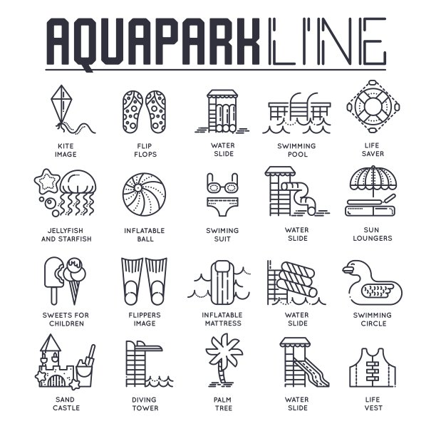 一套不同的划线图标专用于水上公园主题。布局现代矢量背景插画设计理念图片下载