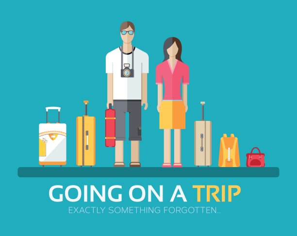 旅行度假行李在平面设计的背景概念。一对收集东西的已婚夫妇要去旅行。你的产品或插图、网络和移动应用程序的图标图片下载