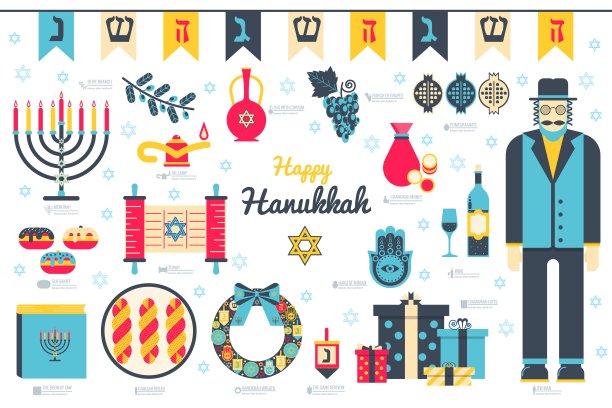 光明节快乐平面插图背景。光明节的图标元素。矢量对象犹太传统光明节宗教庆典。以色列问候设计图片下载