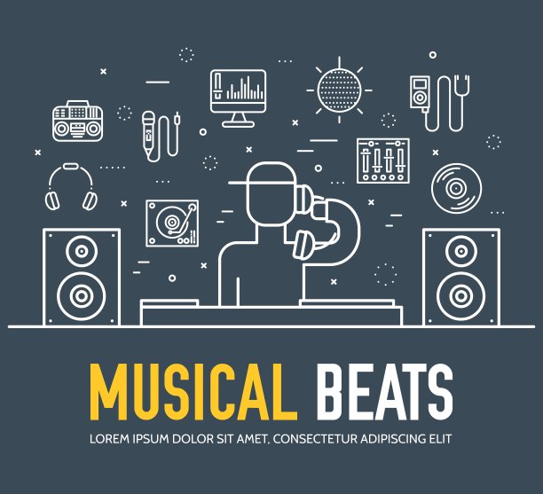 细线图标的Dj工作人员和任何设备设置。矢量音乐技术及配件物件元素集合设计理念图片下载