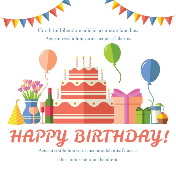 扁平生日快乐节日背景与彩纸图标设置。派对及庆典设计元素:气球、五彩纸屑、蛋糕、饮品、礼品概念图片下载