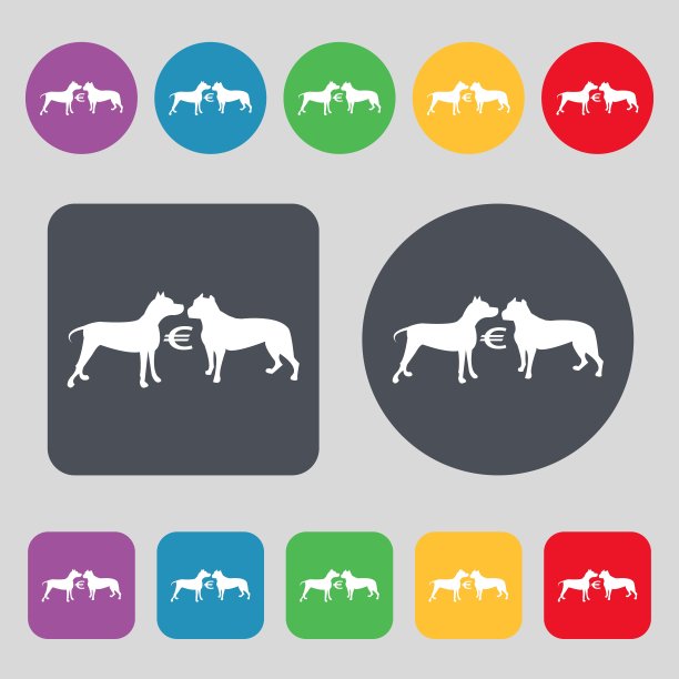 赌斗狗标志。一套12个颜色的按钮。平面设计。向量图片下载