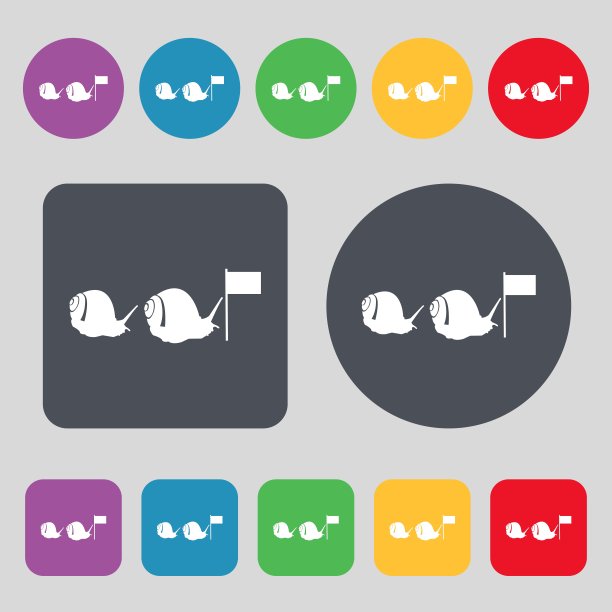 快速蜗牛标志。一套12个颜色的按钮。平面设计。向量图片下载