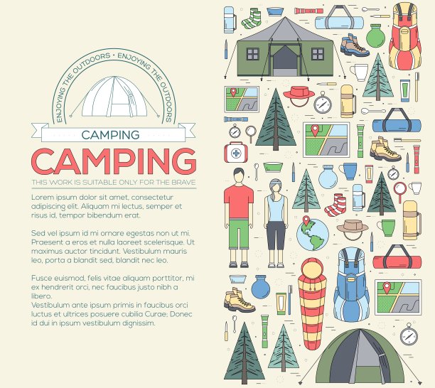 露营设备集信息图模板概念。你的产品或设计、网页和移动应用程序的图标。矢量平面插图在光的背景。图片下载
