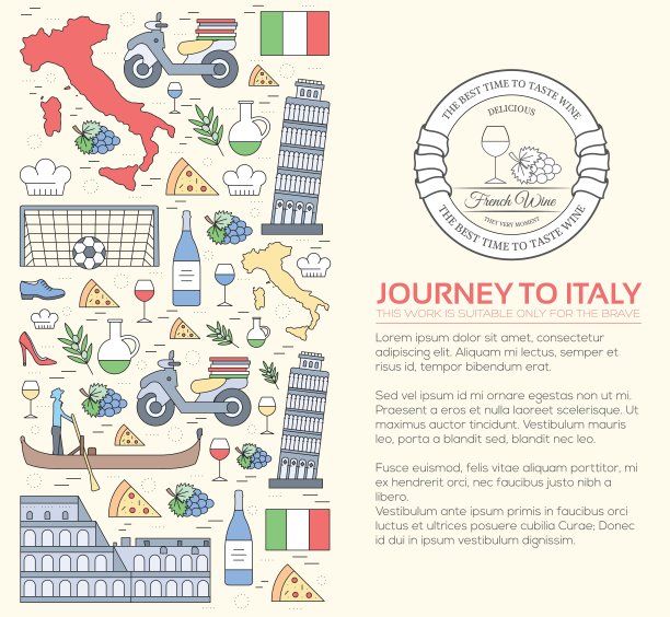 意大利国家旅游度假商品指南，景点及特色。集建筑、时尚、人、物、自然为背景的理念。信息图表模板设计的网页和移动上的细线图片下载