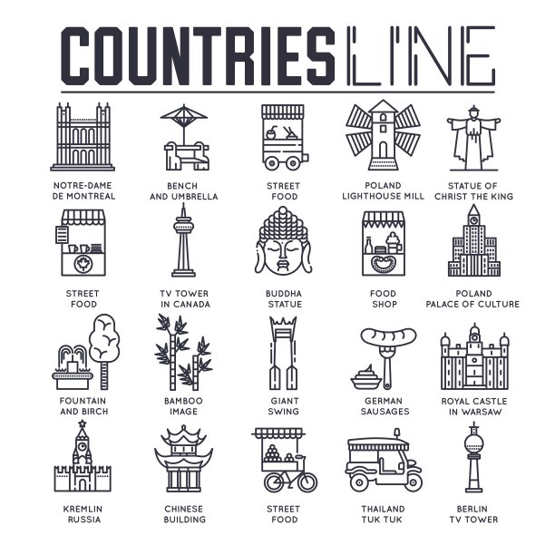 乡村旅游集。集建筑、时尚、人、物、自然为背景的理念。信息图传统民族平面、轮廓、细线图标图片下载