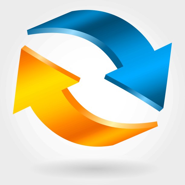 对抗蓝色和橙色的箭头。逼真的3 d插图。交换和恢复符号。图片下载