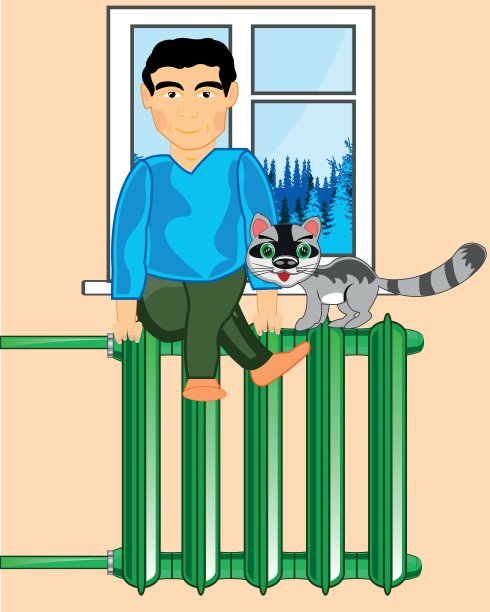 男人和猫坐在房间的电池上图片下载