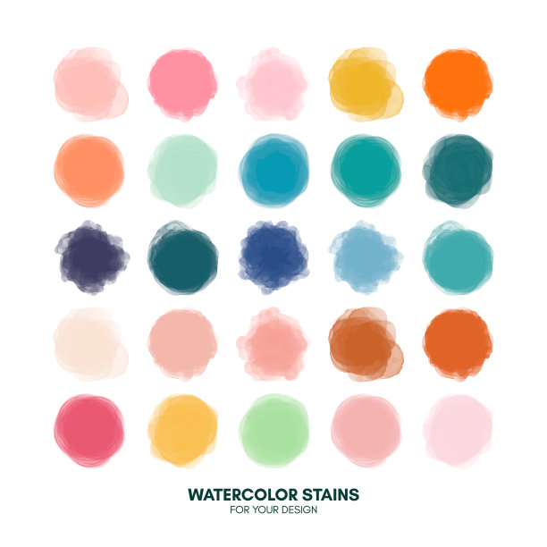 一套彩色水彩手绘圆形形状，污点，圆圈，斑点孤立在白色。艺术设计插图图片下载