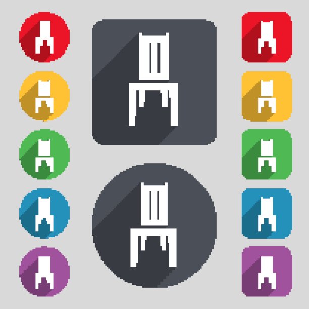 椅子上的图标符号。一套12种颜色的纽扣和一个长长的影子。平面设计。向量图片下载