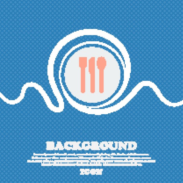 叉子，刀，勺子标志图标。蓝色和白色的抽象背景与空间斑点的文本和您的设计。向量图片下载