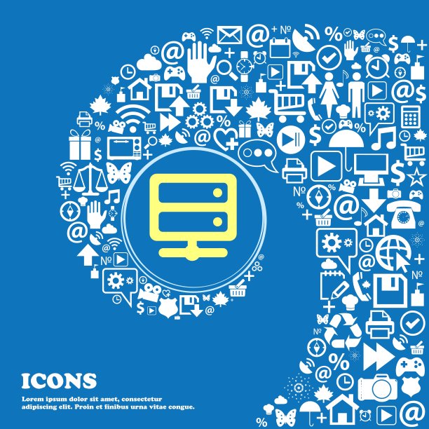 服务器标志符号。一组漂亮的图标扭曲成一个大图标的中心螺旋。向量图片下载