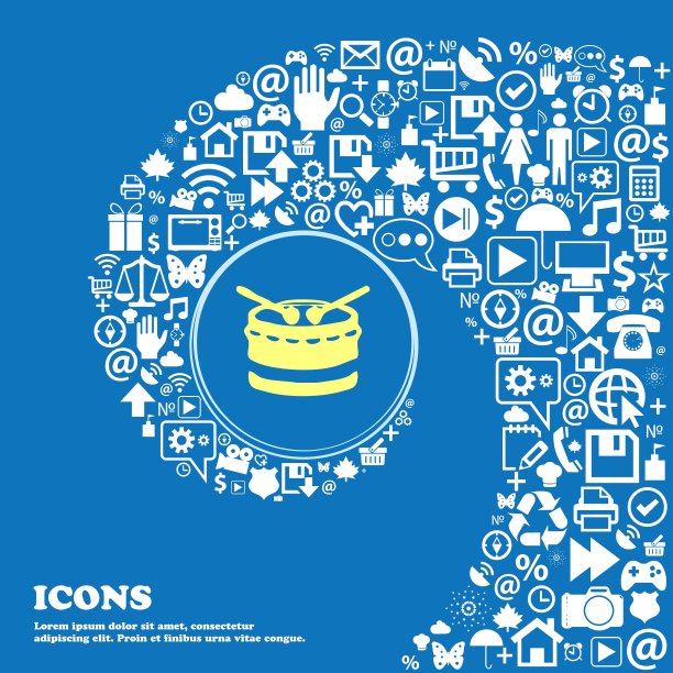 鼓标志符号。一组漂亮的图标扭曲成一个大图标的中心螺旋。向量图片下载