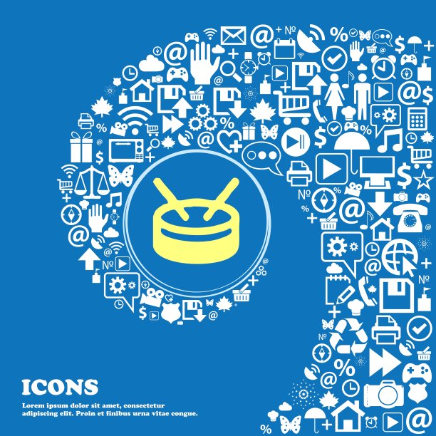 鼓标志符号。一组漂亮的图标扭曲成一个大图标的中心螺旋。向量图片下载