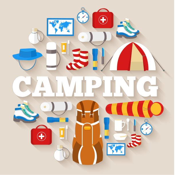 露营设备设置圆信息图模板概念。你的产品或设计的图标。矢量平面与长阴影插图。图片下载