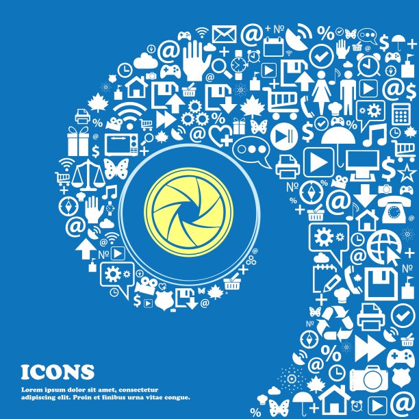 隔膜图标。孔径的迹象。一组漂亮的图标扭曲成一个大图标的中心螺旋。向量图片下载