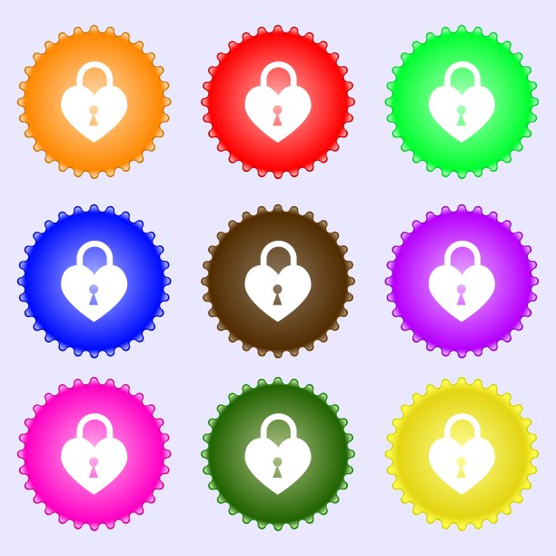 锁定在心形图标符号的形状。大套彩色，多样，高品质的纽扣。向量图片下载