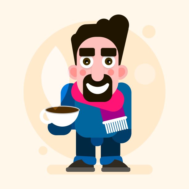 戴着围巾和一杯热巧克力的家伙孤立在白色的背景图片下载