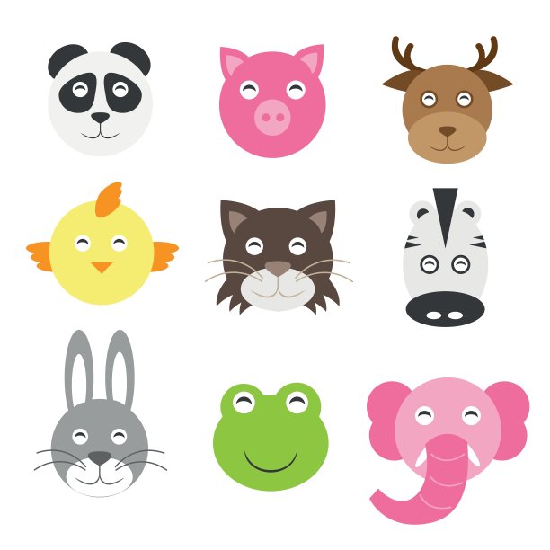 可爱的卡通动物头圆形状的扁风格图片下载